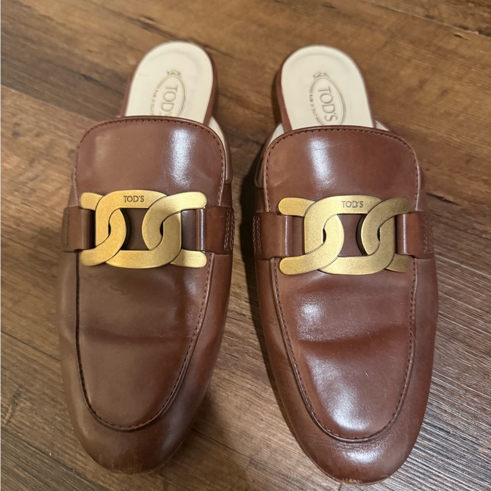 Tod's Brown Leather Mules with Gold Detail